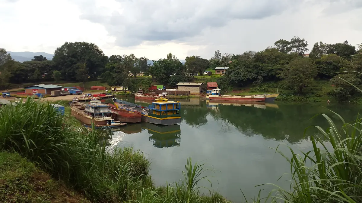 Boats moored in a sheltered harbour at Cyangugu on Lake Kivu